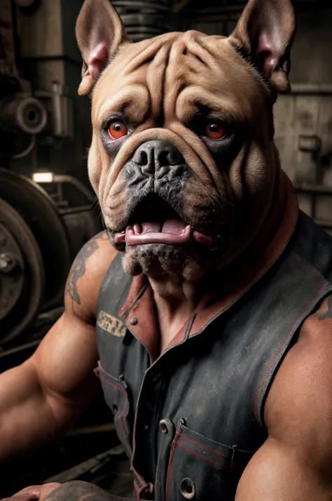 a little muscular mechanic in a tattered jumpsuit with the head of an angry bulldog, wide grinning snarl, eyes glowing bright red, workshop background, masterpiece, photorealistic, 8k, hyper detailed, cinematic lighting, moody atmosphere, (realistic:1.4), ...