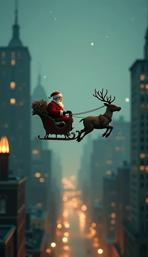 the smallest reindeer sleigh ever flying through the city on a beautiful Christmas night with Santa Claus, tilt shift, analog photo, faded, low contrast