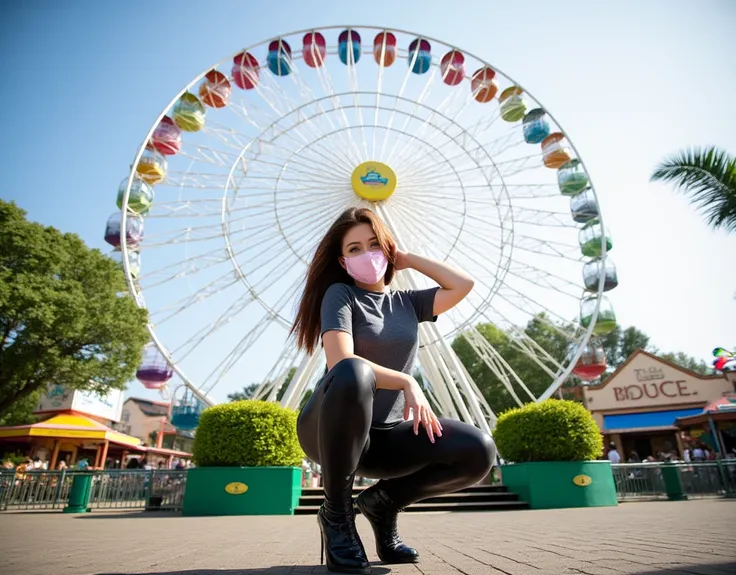 Beautiful woman posing with billboards in front of ferris wheel, light pink face mask, short sleeved tight gray shirt, black leather pants, black high heel boots, crouched with knees wide apart, one hand on hip and the other behind head, confident pose, am...