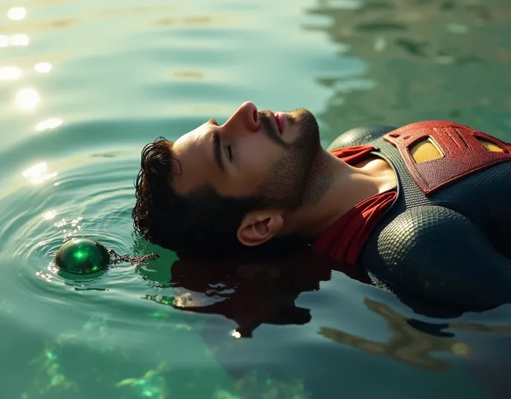 full body shot, of a muscular attractive h3nr4, Henry Cavil with Short stubble, illuminated by bright, natural light, wearing a Superman suit, eyes closed, lying on back on water, in pain. a glowing emerald green crystal pendant hanging around his neck. 