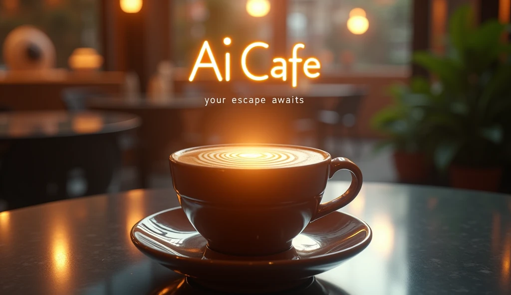 A stunning, cinematic cover image for "AI CAFE," featuring a glowing cup of coffee with intricate latte art in the shape of a spiral warp pattern at the center. The cup emits a soft, golden light, casting warm reflections onto a sleek, futuristic metallic ...