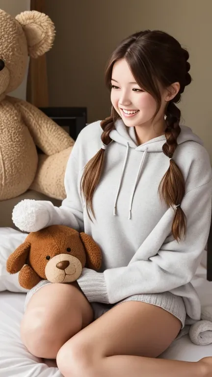 The photograph features a young woman with long, wavy reddish-brown hair styled in playful, whimsical pigtails, creating a charming and youthful look. Seated comfortably on a soft, white knitted blanket draped over a bed, she radiates warmth and cheerfulne...