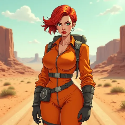 female pilot、short red hair、mature woman、middle-aged women、voluptuous figure、angry face、middle-aged beauty、beautiful expression、detailed green eye、cute blonde、extremely delicate and fine skin texture、big ass、bright red lips、wearing futuristic orange pilot ...