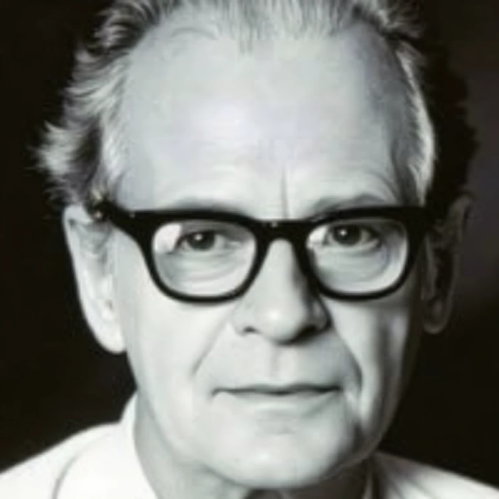 Create an image using a realistic depiction of B.F. Skinner, with his name B.F. Skinner placed prominently at the top. Skinner should be shown in a professional setting, dressed in early 20th-century attire, standing near a Skinner box (also known as an op...