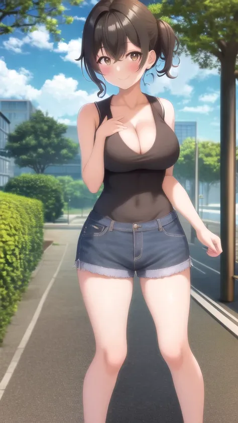 masterpiece, best quality, high quality, girl, solo, looking at viewer, ryuuto_kashima, black hair, brown eyes, sports dress, sleeveless, cleavage, denim shorts, medium breasts, standing, , outdoors, smile