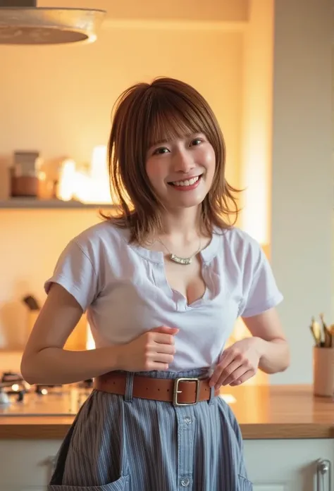  in the kitchen、Laugh and eat？Make it for me？、She is making fried eggs、Apron appearance、 wet white t-shirt and jeans 、、 light brown hair 、 elegant hairstyle、Blue Eyed Woman、A woman with a cute upward gaze、When the sky gets dark、 The sky turns red when the ...