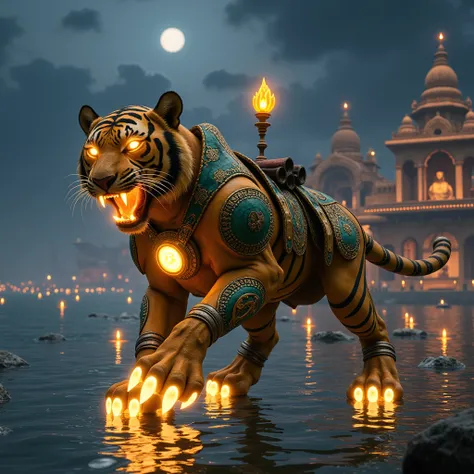 India – The Bengal Tiger, "The Guardian of the Jungle"
Armor Design:
The tiger’s armor combines saffron, green, and gold, with mandala patterns running along its sides. The chest plate displays a glowing lotus flower, symbolizing purity and strength. The t...