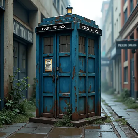 generate an image of the TARDIS police box, very damaged and old, blue windows, on a sidewalk