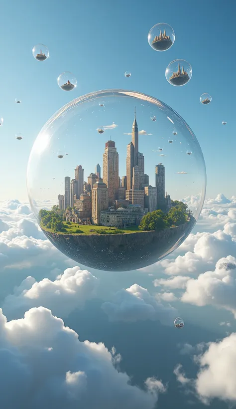  several bubbles flying in the air of various different sizes, ((( each bubble has a city inside ,  of different ethnicities ))), vivid colors, realism in the details , perfect reflexes, Extremely real lighting 