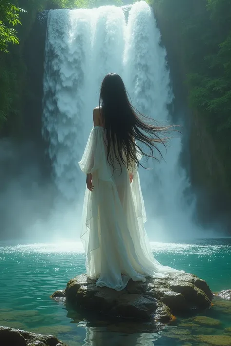    Woman with dark hair   ,  , , ending in a long cascade   ,  Dressed in white loose clothing    ,    stands on a rock under the streams of water ,   waterfall, water flows on her from above  , all over her hair and body   . Everything takes place in the ...