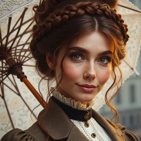 a full-body image of a very beautiful female character from the Victorian era. She has long brown hair, worn in a braided bun. She has hazel eyes. She carries a parasol. Around age 25.