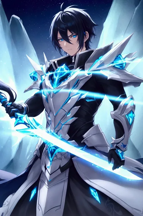   An epic male anime character  ,   with black hair and white tips  .   He has bright blue eyes that emit an aura  .   He wears detailed black armor with luminous edges in blue and white  ,  decorated with ice and snow patterns  .   His outfit includes a c...