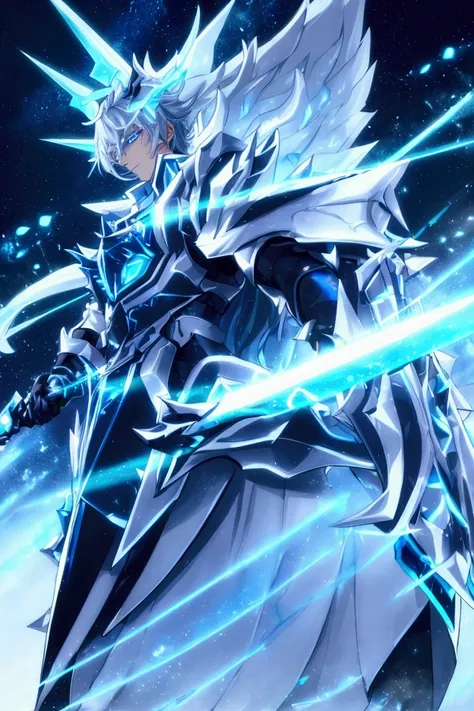   An epic male anime character  ,   with black hair and white tips  .   He has bright blue eyes that emit an aura  .   He wears detailed black armor with luminous edges in blue and white  ,  decorated with ice and snow patterns  .   His outfit includes a c...