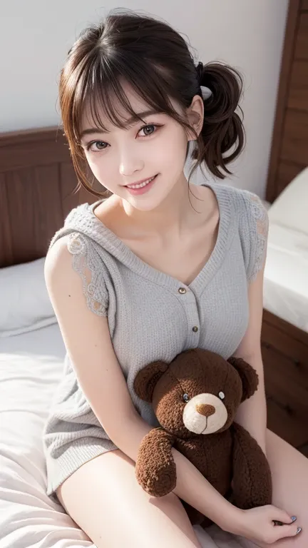 The photograph features a young woman with long, wavy reddish-brown hair styled in playful, whimsical pigtails, creating a charming and youthful look. Seated comfortably on a soft, white knitted blanket draped over a bed, she radiates warmth and cheerfulne...