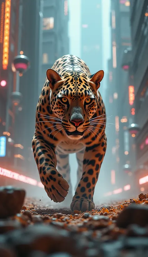 A dramatic 3D-style look of a leopard: your body is made of the earth element walking through a luminous futuristic city