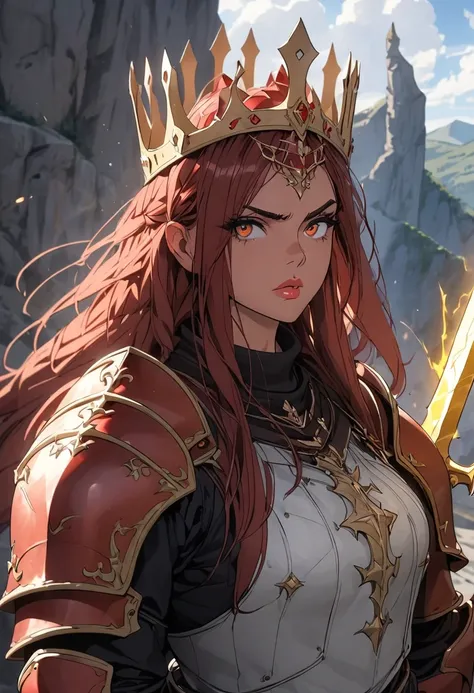 (masterpiece), ,1girl, anime style, full body,  solo focused, anime style, skindation, detailed lips best quality, 8k, highres , very detailed, red hair, orange eyes, proud posture, fierce, unyielding, combat pose, clean hair, hair accessories, crown, look...