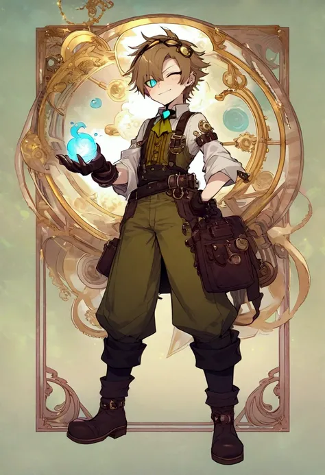 Change hair color to brown, steampunk teenage boy with a cocky smile