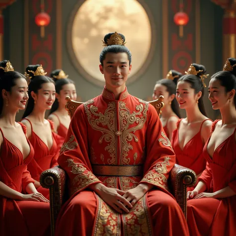  a handsome young King wearing a Xiuhe dress. with 5 Chinese Goddesses sitting on chair , and standing realistic face , smile, red and gold,  amazing body , romantic, noble temperament ,  cinematic photography ,  cinematic color tone . 