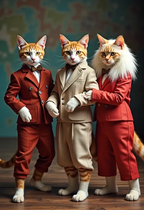 Three Cats with the Body of a Cat and Lady Gagas Clothes, Standing ready to dance 