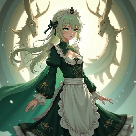   masterpiece ,  best quality, 1 , Alone, Nahida_genshin, cross-shaped pupils,  maid outfit, green cape, standing