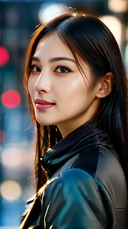 (a masterpiece portrait of a woman with ultra detailed features, in 8K resolution, with crisp quality and vibrant colors),  face focus,  face、 Age 35, black hair、Symmetrical face, Insulated、 angle from below、Extreme close-up of an elongated C-shaped nose 、...