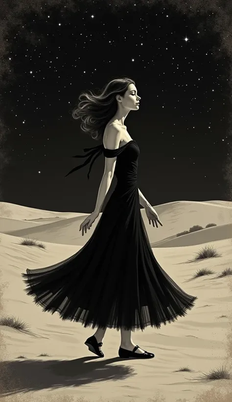 The image presents a beautiful old illustration, in black and white, with an antique texture, of a beautiful woman from the 1950s, wearing a black dress typical of the time, very sad, dancing softly in a desert at night, full of stars. Nostalgic image.
