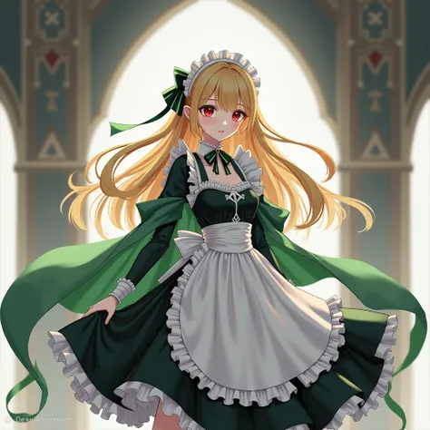   masterpiece ,  best quality, 1 , Alone, Nahida_genshin, cross-shaped pupils,  maid outfit, green cape, standing