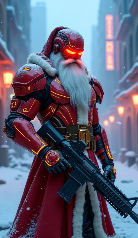 (Ultra detailed), (4k). A muscular futuristic Santa Claus, with a long white beard and a robotic suit inspired by Warhammer 40K, featuring metallic red armor with gold details and glowing energy lines. He wears a bionic visor over his right eye that emits ...