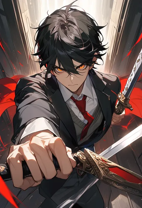  18-year-old boy , School clothes,  black hair, Ojos rojos, intimidating, inviting, sword, , fancy 