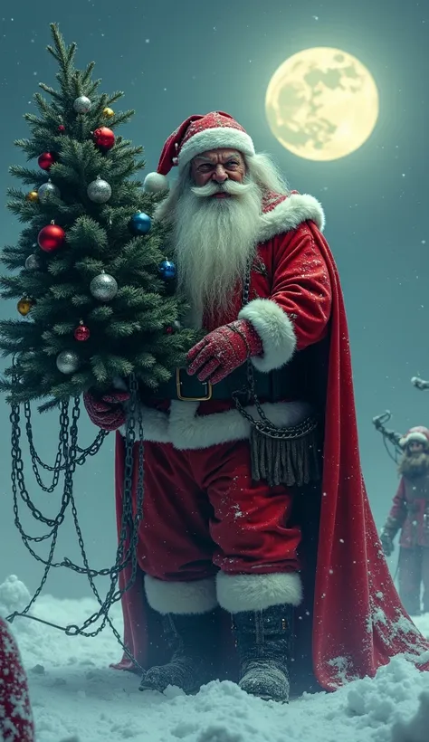 A terrifying, warrior-like Santa Claus wearing a dark, tattered red suit. He holds a massive Christmas tree as a weapon, covered in chains and sharp ornaments. The background is a snowy battlefield under an eerie moon, creating a chilling and menacing atmo...