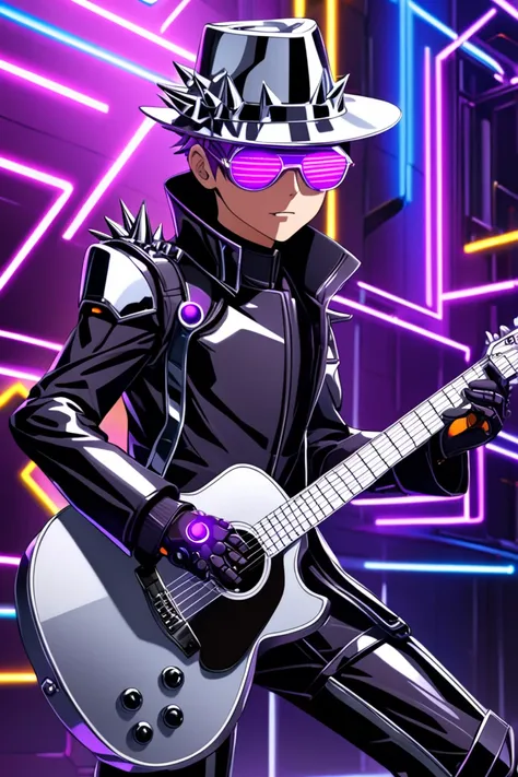 A 16-year old male junior elite spy with glowing eyes and short spiky light purple hair wearing a shiny black and purple metallic robotic mechanized spy uniform with a belt, gloves, boots, sunglasses, and a silver cowboy hat playing a shiny silver acoustic...