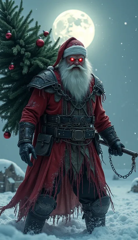 A terrifying, warrior-like Santa Claus wearing a dark, tattered red suit with glowing red eyes. He holds a massive Christmas tree as a weapon, covered in chains and sharp ornaments. The background is a snowy battlefield under an eerie moon, creating a chil...