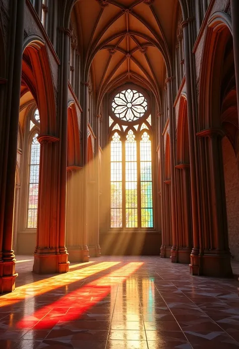  Realistic image with a lot of color that reflects the stained glass windows of the cathedral of León  (Spain). In broad daylight,  that shows how light enters through the stained glass windows and the amount of colors it reflects.  There must be several s...