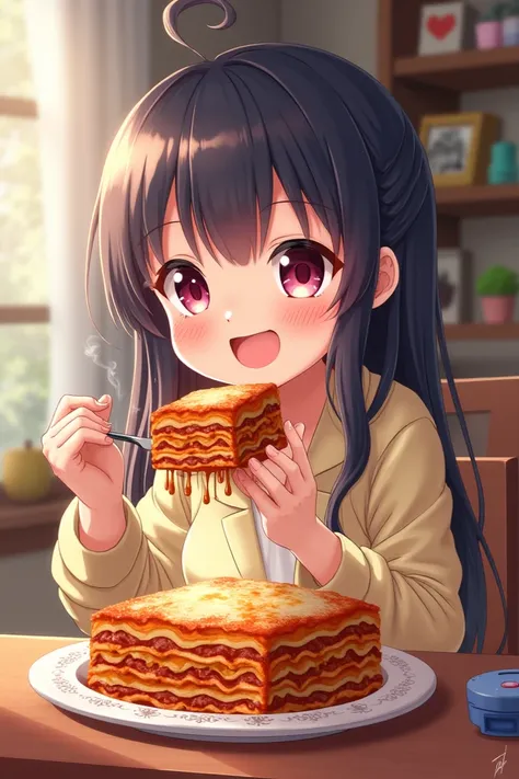 Otaku girl eating lasagna 