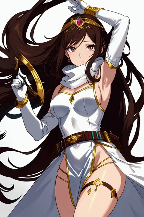 Bishoujo anime arabian princess wearing an arabian costume has long dark Brown hair and hazel eyes carries a dagger in her belt and white gloves and a white scarf covers her  mouth