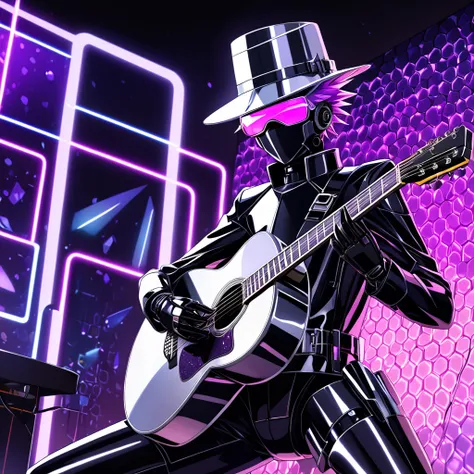 A 16-year old male junior elite spy with glowing eyes and short spiky light purple hair wearing a shiny black and purple metallic robotic mechanized spy uniform with a belt, gloves, boots, sunglasses, and a silver cowboy hat playing a shiny silver acoustic...