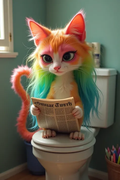 Ondina the sly Rainbow-haired Micietta appears on the news sitting on the toilet reading the newspaper 