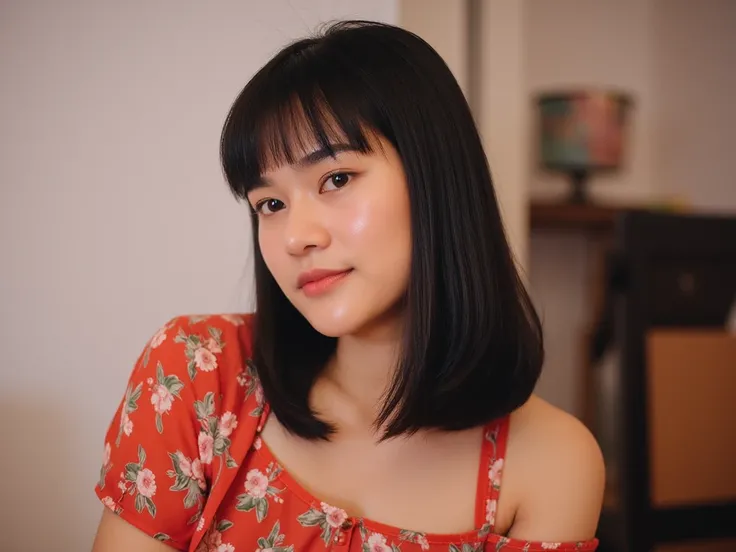 A young thai woman poses indoors,exuding elegance and confidence. She is wearing indian dress,sexy body,intricate cartoon patterns but no bra. . Her blunt bob, dark hair flows over introspective expression, creating a relaxed yet graceful pose. The backgro...