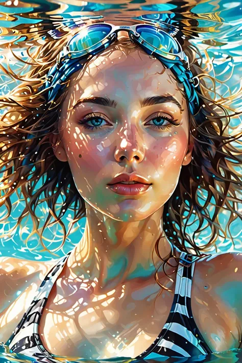 Swimminggirl,  looking down and breathing deeply, light eyes, Detailed face,  realistic, vivid focus , Complex, stylish, swimsuit, white,  black stripes , Swimming pool, blue water, shine, reflection, sunny day, bright light, beauty, Perfection, Perfect Sh...