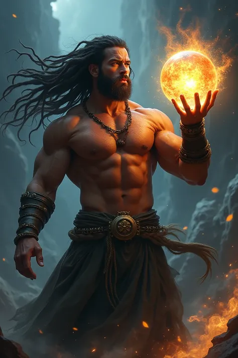 Full body portrait of a muscular man with dreaded waist-length hair holding a crystal ball in one hand and hurling at me with all his fury 