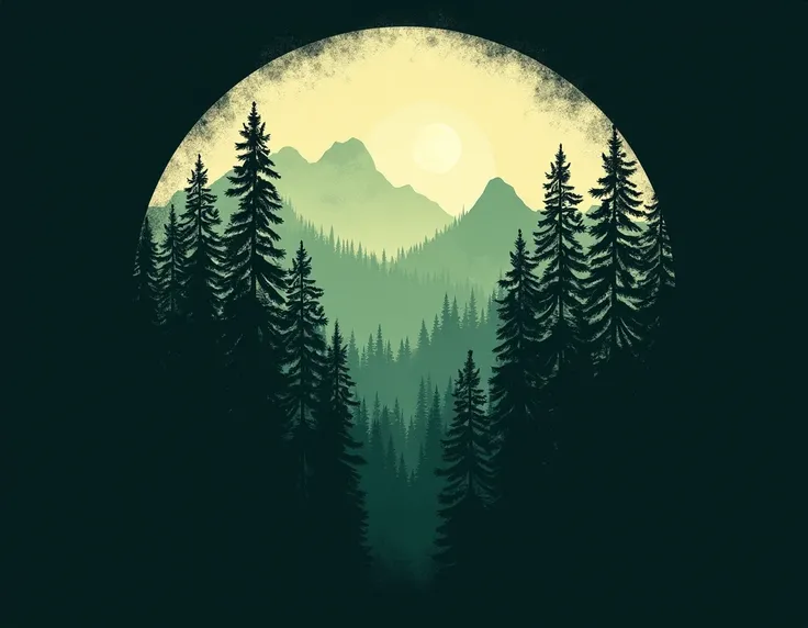 Here’s an accurate description of the design:

Design Overview:

The artwork showcases a circular composition featuring a serene forest scene with multiple layers of pine trees. The trees are depicted in silhouette, creating depth and dimension.
Color Sche...