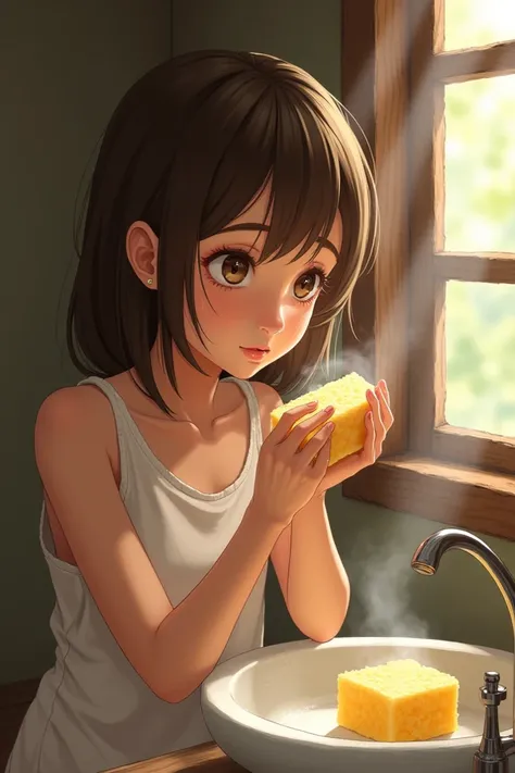 Create an image of a girl washing her face with sulphurous soap (semi-realistic)