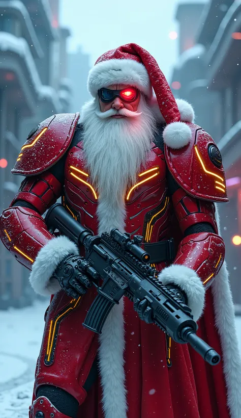 (Ultra detailed), (4k). A muscular futuristic Santa Claus, with a long white beard and a robotic suit inspired by Warhammer 40K, featuring metallic red armor with gold details and glowing energy lines. He wears a bionic visor over his right eye that emits ...