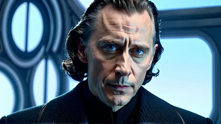 Long shot. The digital artwork of cinematic film scene in style of Peter Jacksons Star Wars, features a Tom Hiddleston embodied as 40 years old Sheev Palpatine, neatly styled grayish-brown hair that recedes from his forehead, and deep wrinkles across his f...