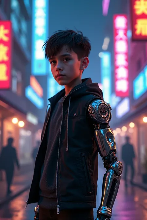  Create an image of a young boy  , on a street that shines in Neon colors  , show one of his arms being a mechanic ,And the rest of the human body  , give him a black jacket  .