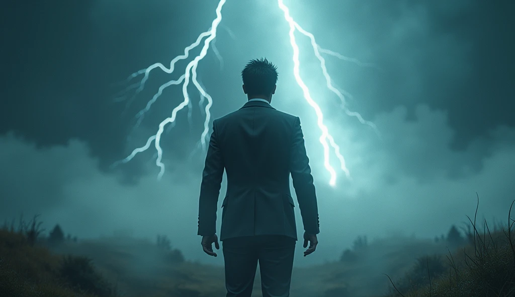 A powerful scene of a Latino man, early 40s with salt-and-pepper hair and determined dark eyes, standing calmly in a storm, lightning striking around him but a clear circle of peace surrounding him, his business attire unruffled by the chaos --ar 16:9