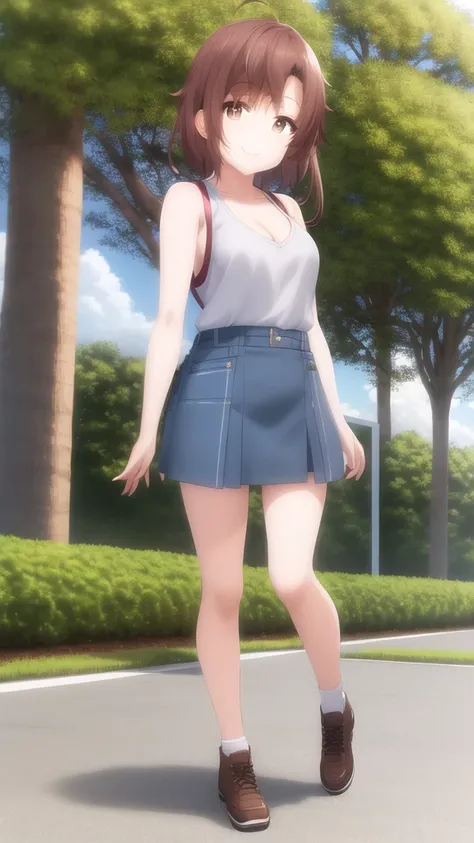 masterpiece, best quality, high quality, girl, solo, looking at viewer, itsuki_akazawa, brown hair, brown eyes, sports dress, sleeveless, cleavage, denim shorts, medium breasts, standing, , outdoors, smile