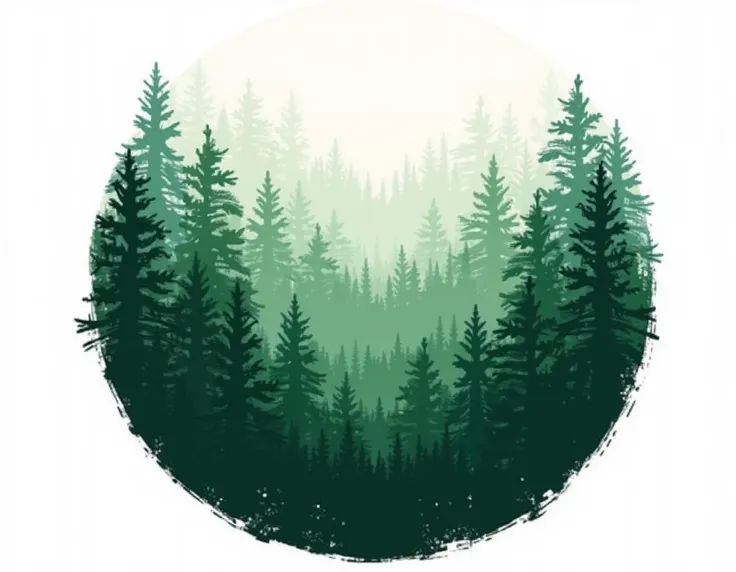 Here’s an accurate description of the design:

Design Overview:

The artwork showcases a circular composition featuring a serene forest scene with multiple layers of pine trees. The trees are depicted in silhouette, creating depth and dimension.
Color Sche...