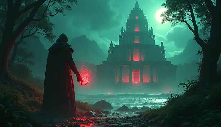 Epic, high-contrast scene of a forgotten civilization. Center: A massive ancient temple, half-buried in dense jungle, glowing with mysterious blue and green light. In the foreground, a shadowy figure holds an ancient artifact emitting a fiery red glow. Bac...