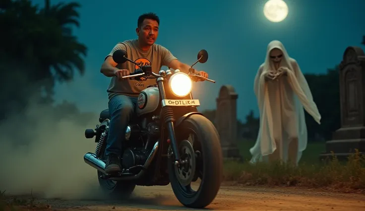 a indonesian 45 years old man riding a powerfull motocycle, action: racing with fear face, wear light gray tshirt with "hard rock cafe" logo and blue jeans, location: dirt road at the cemetery, time: night with full moon, chasing by white gown ghost with b...